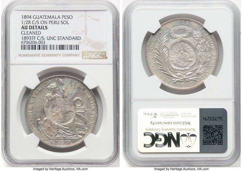 Republic Counterstamped Peso 1894 AU Details (Cleaned) NGC, KM224. 1/2 Real Coun...