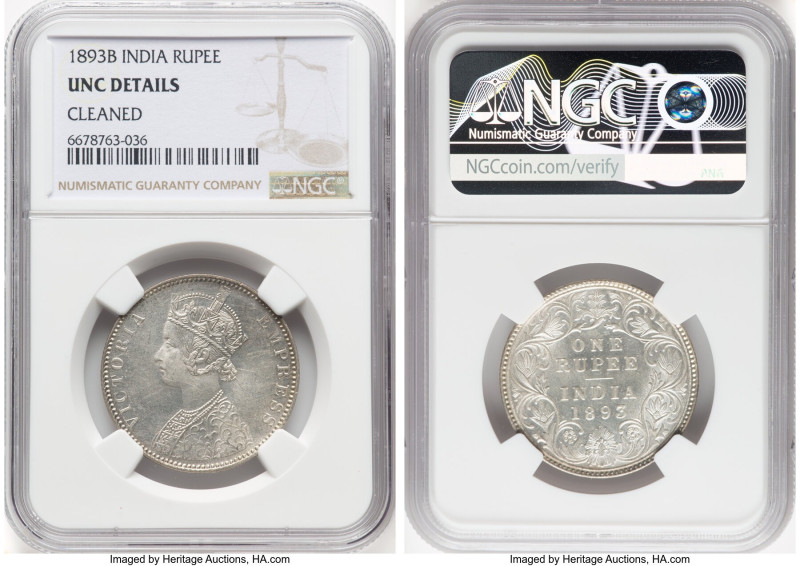 British India. Victoria Rupee 1893-B UNC Details (Cleaned) NGC, Bombay mint, KM4...