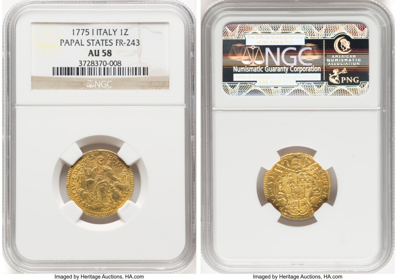 Papal States. Pius VI gold Zecchino Anno I (1775)-I AU58 NGC, Rome mint, KM1029,...