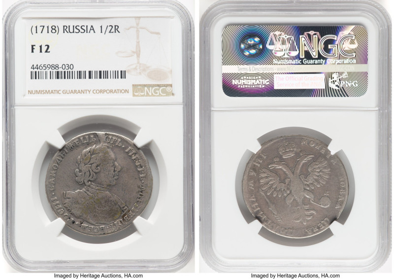 Peter I Poltina (1/2 Rouble) ND (1718) F12 NGC, Moscow mint, KM156. Small head H...