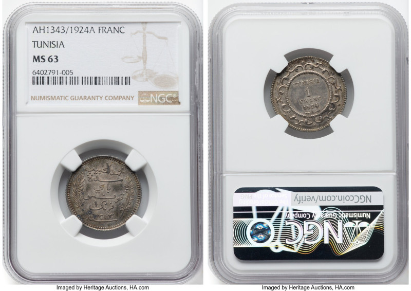 French Protectorate. Muhammad al-Habib Bey Franc AH 1343 (1924)-A MS63 NGC, Pari...