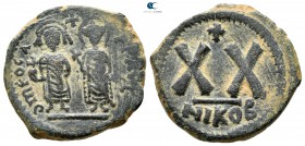 Phocas, with Leontia AD 602-610. Nikomedia. Half follis Æ