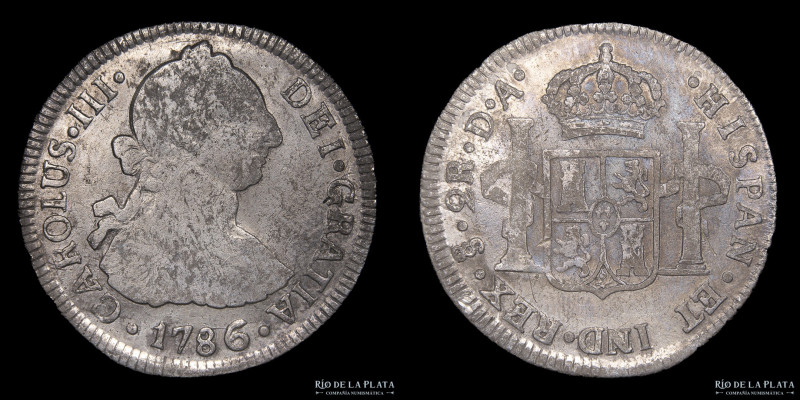 Santiago. Chile. Carlos III (1759-1788) 2 Reales 1786 DA. Plata 903; 28.5mm; 6.3...