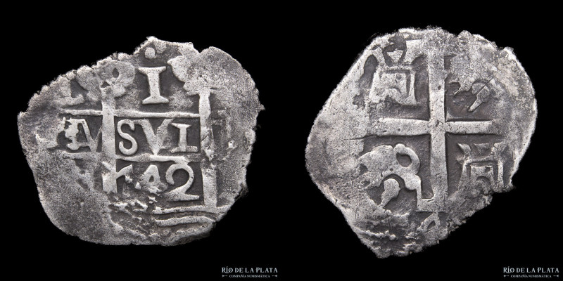 Lima. Felipe V (1700-1746) 1 Real 1742 V. Plata 930; 22mm; 2.94g. KM32a (XF)

...