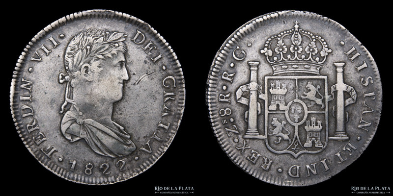 México. Fernando VII (1808-1833) 8 Reales 1822 Zs RG Zacatecas. Plata 903; 38mm;...