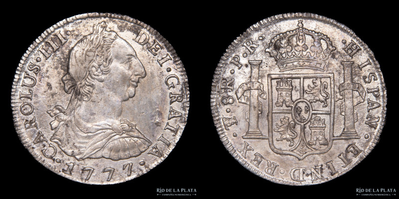 Potosí. Carlos III (1759-1789) 8 Reales 1777 PR (Pedro Mazondo, Raymundo de Ytur...