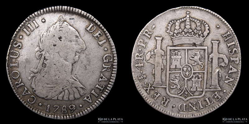 Potosí. Carlos III (1759-1789) 4 Reales 1789 PR. Último año de emisión, rara a n...