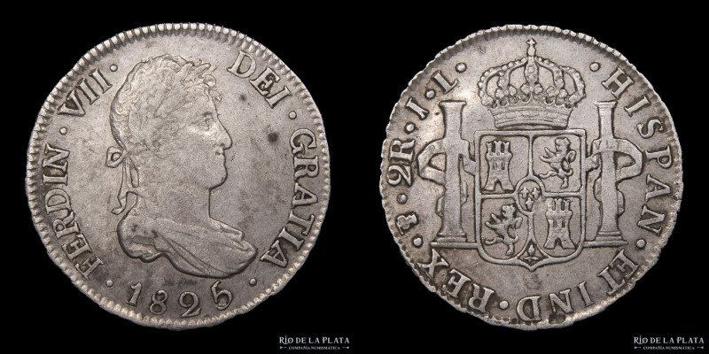 Potosí. Fernando VII (1808-1833) 2 Reales 1825 JL (Juan Palomo y Sierra), Plata ...