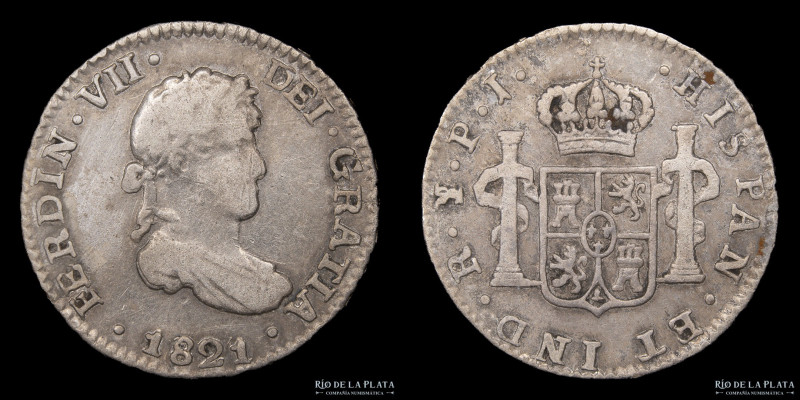 Potosí. Fernando VII (1808-1833) 1/2 Real 1821 PJ. Plata 875; 16mm; 1.62g. CJ 90...