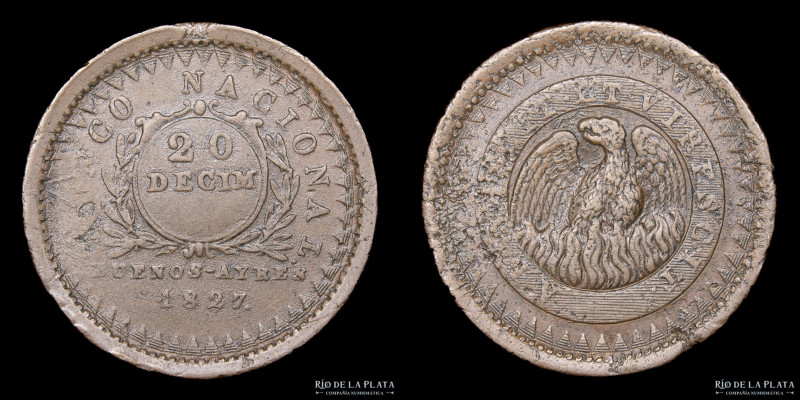 Argentina. Buenos Aires. 20 Décimos 1827. Buenos Aires mint. Cobre; 32 mm; 25.13...