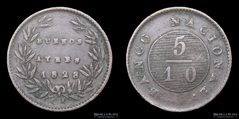 Argentina. Buenos Aires. 5 Décimos 1828. Buenos Aires mint. Cobre; 24.0mm; 6.67g...