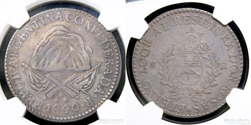 Argentina. La Rioja. 8 Reales 1840 R. Leyenda Rosista. Plata 750, 38.5mm. CJ 57;...