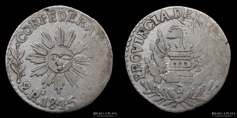 Argentina. Córdoba. 2 Reales 1845. Plata 750; 24.5mm; 6.05g. CJ 51.2.1 (A5-R8) (...