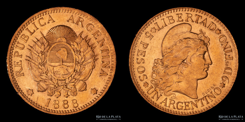 Argentina. 5 Pesos 1888 "Argentino de oro". Oro 900; 22.1mm; 8.08g. Ceca de Buen...