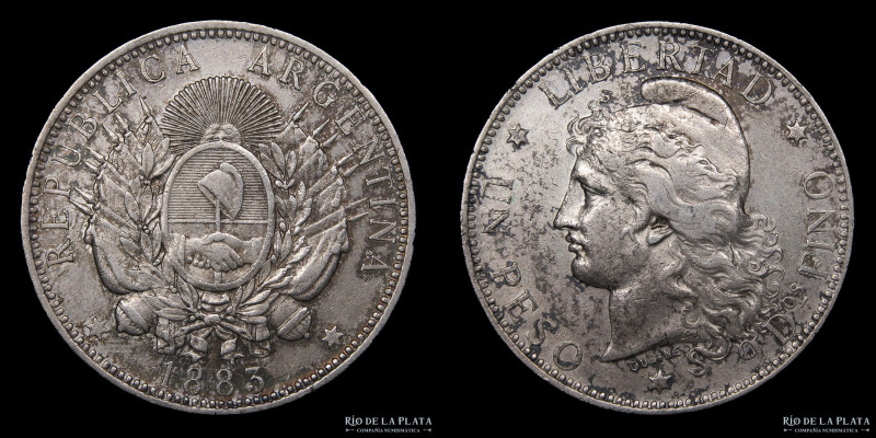 Argentina. 1 Peso 1883 Patacón. Fecha escasa. Solo 98.000 acuñadas. Casa Naciona...