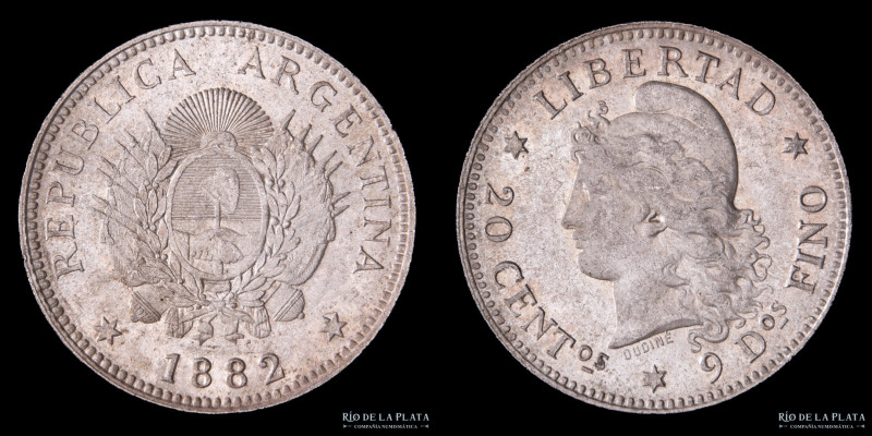 Argentina. 20 Centavos 1882. Plata 900; 23.3mm; 5.00g. Buenos Aires mint. CJ 18;...