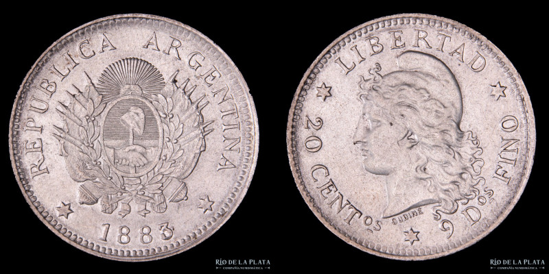 Argentina. 20 Centavos 1883. Plata 900; 23.3mm; 5.00g. Buenos Aires mint. CJ 19;...