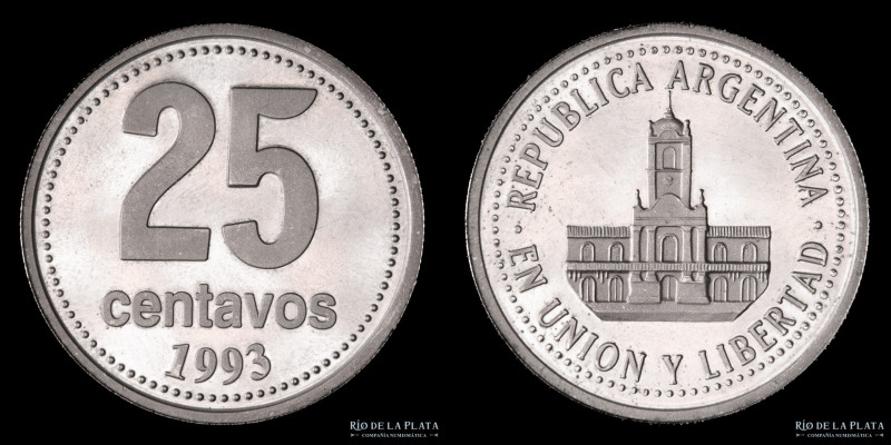 Argentina. Ensayo. 25 Centavos 1993 Proof. Ceca de Sudáfrica. Cuproníquel; 23.5m...