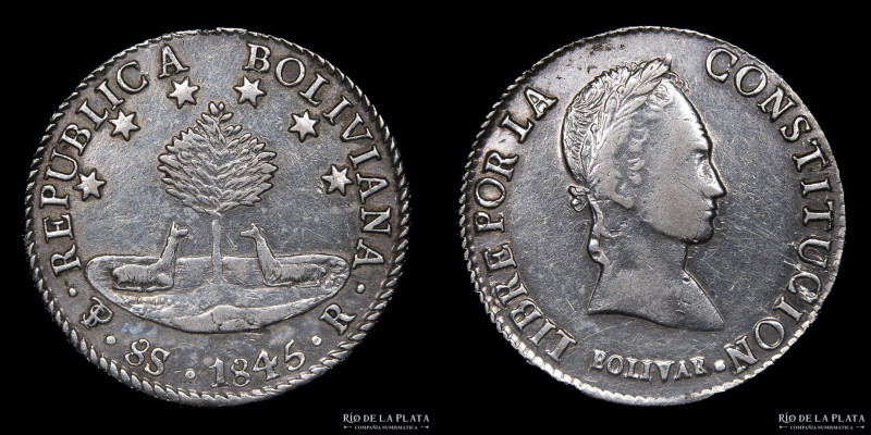 Bolivia. 8 Soles 1845 R. Simón Bolivar. Plata 903; 37.0mm; 27.47. KM103 (VF) Lim...