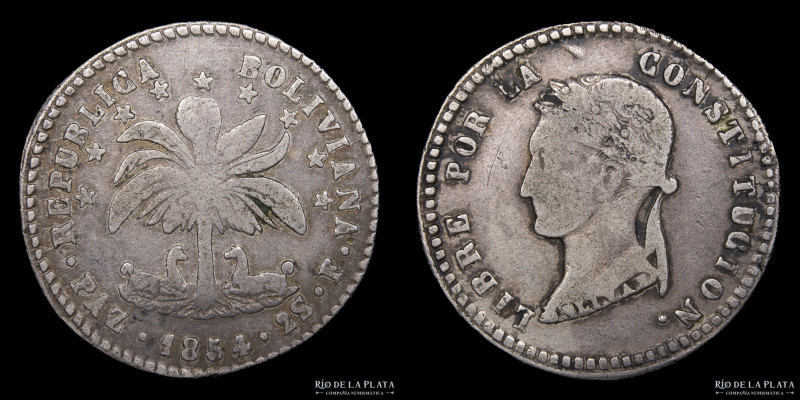 Bolivia. 2 Soles 1854 F. La Paz Mint. Busto laureado tipo "Potosi Style". Plata ...