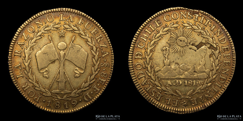 Chile. 8 Escudos 1819 FD. Oro 875; 37mm; 26.71g. KM84 (VF) Hojillas

USD 2000 ...