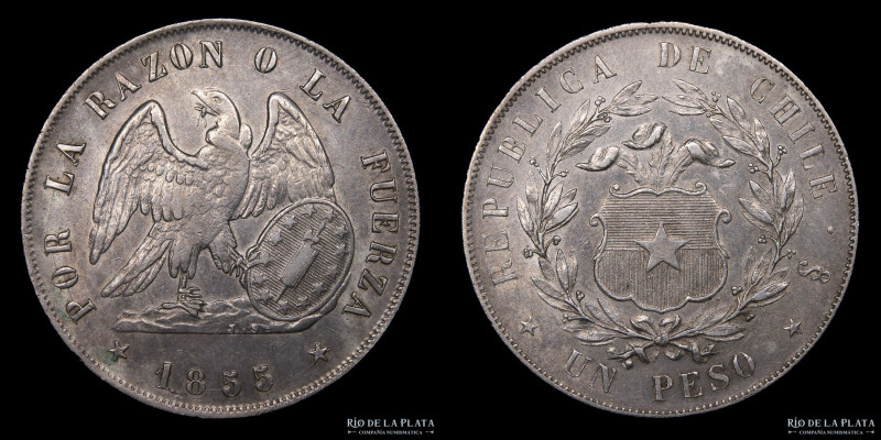 Chile. 1 Peso 1855 So. Santiago mint. Plata 900; 37.0mm; 24.87g. Cóndor. KM 129 ...