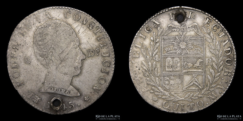 Ecuador. 4 Reales 1845 MV. Simón Bolivar, Quito. Plata 666; 31.5mm; 13.55g. KM29...