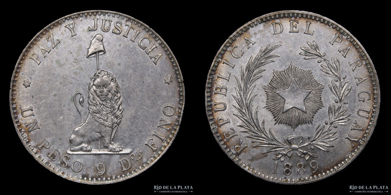 Paraguay. 1 Peso 1889. Plata 900; 38.0mm; 24.95g. Acuñadas en Buenos Aires. Cant...