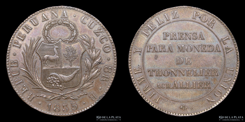 Perú. 8 Reales 1835 B. Ensayo. Essai. Prensa de Moneda de Thonnelier Ach Allier....