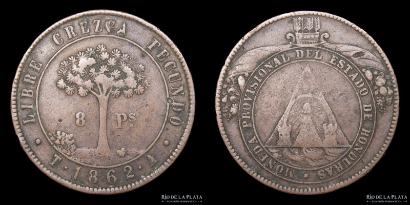 Honduras. 8 Pesos 1862 TA. Provisional. Cobre; 39mm; 27.19g. KM27 (VF)

USD 10...