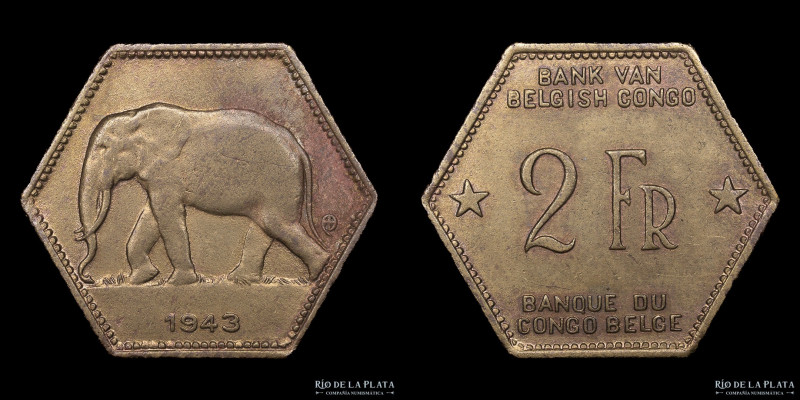 Congo Belga. 2 Francs 1943. Latón; 25 mm; 5.87g. KM25 (XF+) Hermoso ejemplar

...