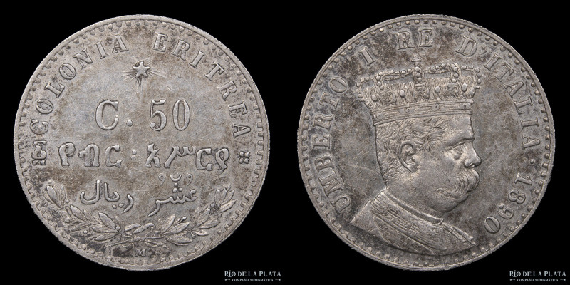 Italian Eritrea. Umberto I (1889-1900) 50 Centesimi 1890 M. Milan mint. Plata 83...