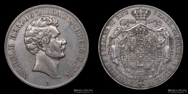 Estados Alemanes. Brunsuick. William. 2 Thalers 1855 B (3 1/2 Gulden) Plata 900;...