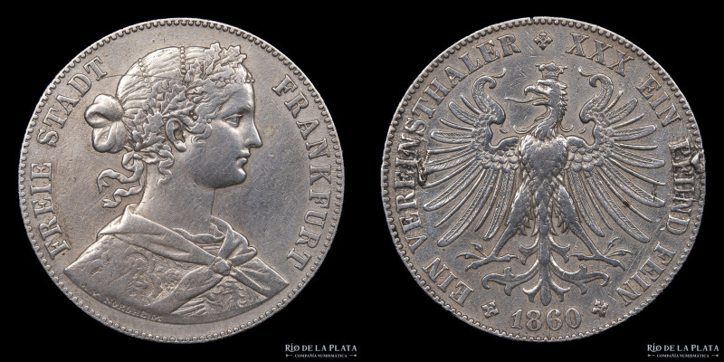 Estados Alemanes. Frankfurt. 1 Vereinsthaler 1860. Plata 900; 33mm; 18.33g. KM36...