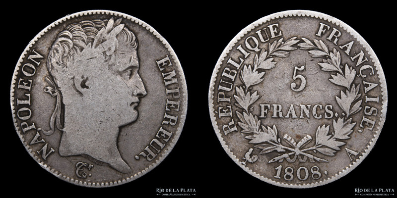 Francia. Napoleón I (1804-1815) 5 Francs 1808. Plata 900; 37.0mm; 24.29g. KM686....