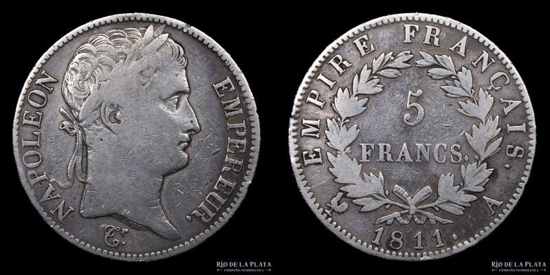 Francia. Napoleón I (1804-1815) 5 Francs 1811. Plata 900; 37.0mm; 24.67g. KM694....