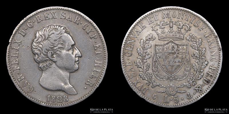 Estados italianos. Savoy (Duchy) Carlo Felice (1821-1831) 5 Lire 1828 P. Plata 9...