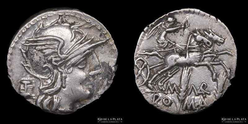 Republic. M. Marcius Mn f (134BC) Denarius. Silver; 18mm; 3.89g. A: Helmeted hea...