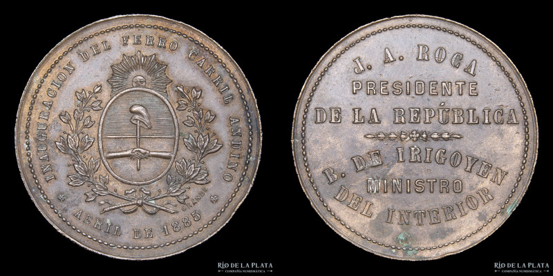 Argentina. Ferroviarias. 1885. Ferrocarril Andino. Cobre; 37.5mm; 23.55g. A: INA...