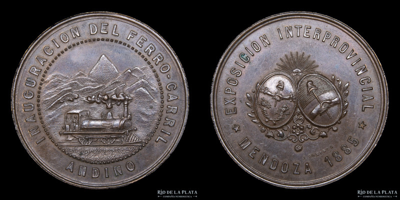 Mendoza. Ferrocarril Andino 1885. Cobre; 40.0mm; 27.55g. A: EXPOSICION INTERNACI...