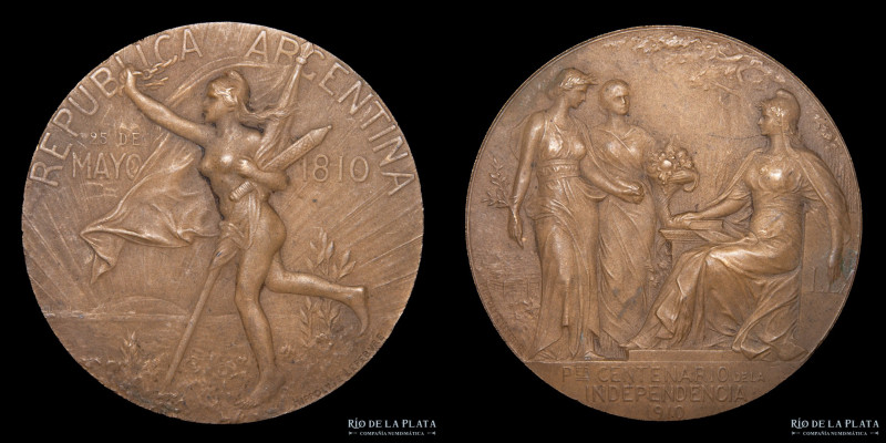 Argentina. 1910. Centenario. Acuñada en Paris. Bronce; 57mm; 84.74g. Grabador: H...