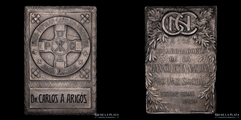 Argentina. 1920. Colecta Pro Paz Social. Entre Rios. Metal plateado; 43x65mm; 63...