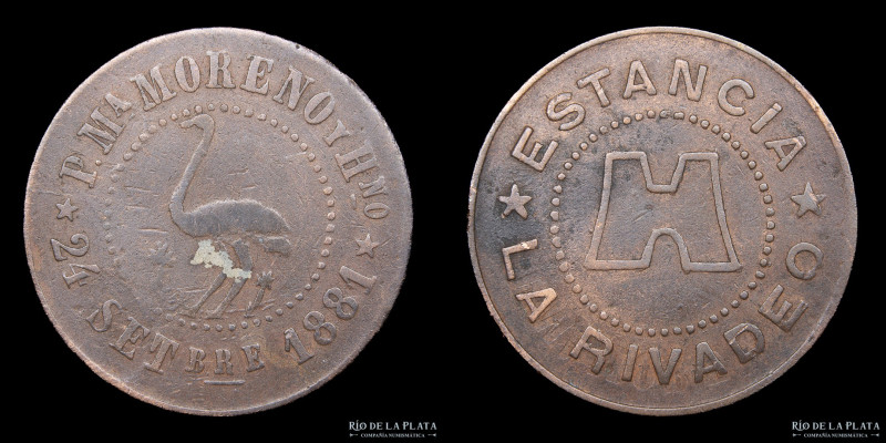 Argentina. Ficha Estancia. La Rivadeo 1881. Cobre; 24.0mm; 4.42g. Puan, Buenos A...