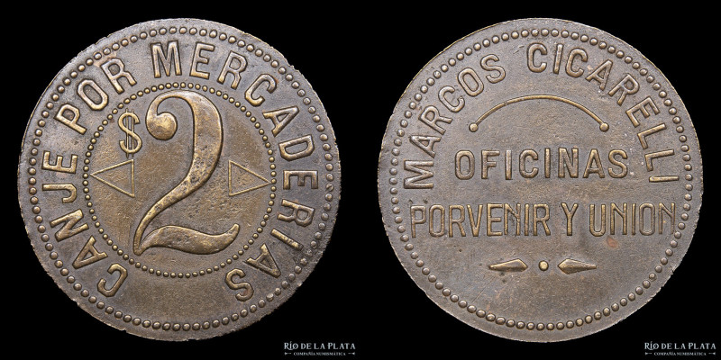 Chile. Ficha. Salitrera. Valor $2. Oficina Porvenir y Unión. Dolores. Bronce; 35...