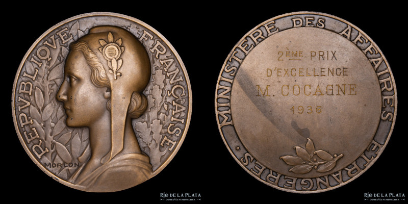 Francia. 1936. Ministerio de Asuntos Extranjeros. Bronce; 72mm; 170.2g. Burilado...