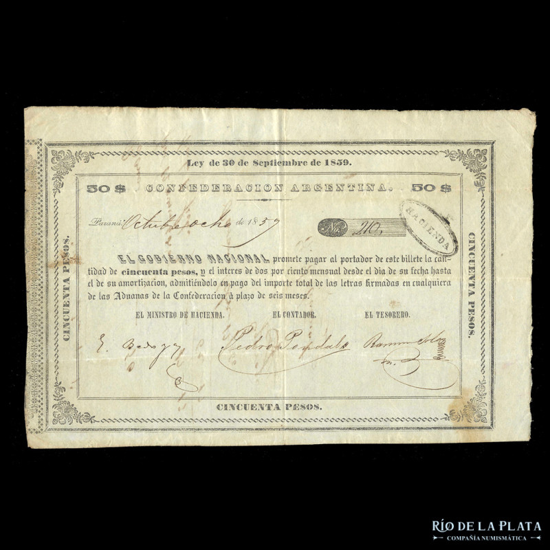 Argentina. Confederación Argentina. Bonos de Aduana. 50 Pesos 1859. Décima emisi...