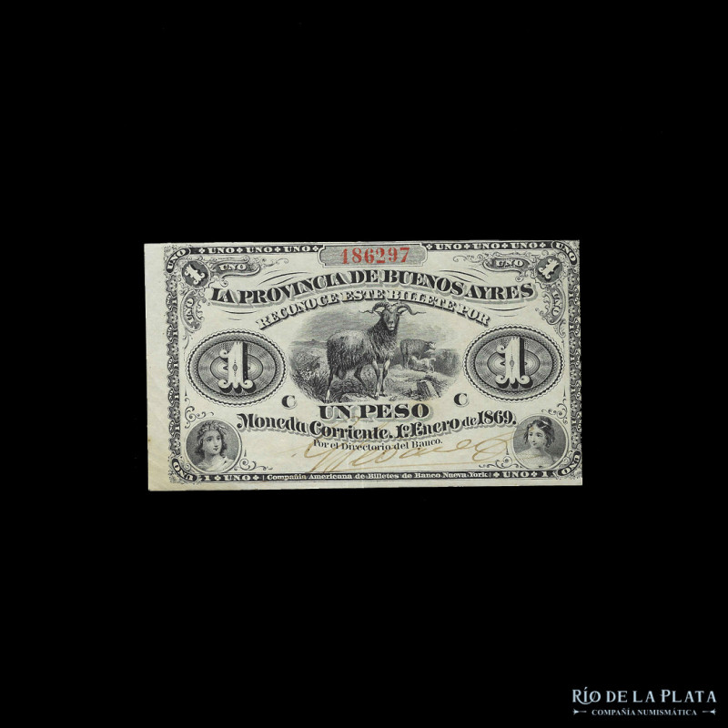 Argentina. Provincia de Buenos Aires. 1 Peso Moneda Corriente. 01/01/1869, prime...