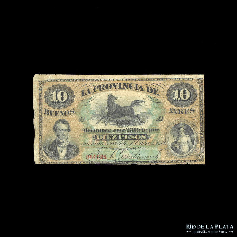 Argentina. Provincia de Buenos Aires. 10 Pesos Moneda Corriente. 01/01/1869, seg...