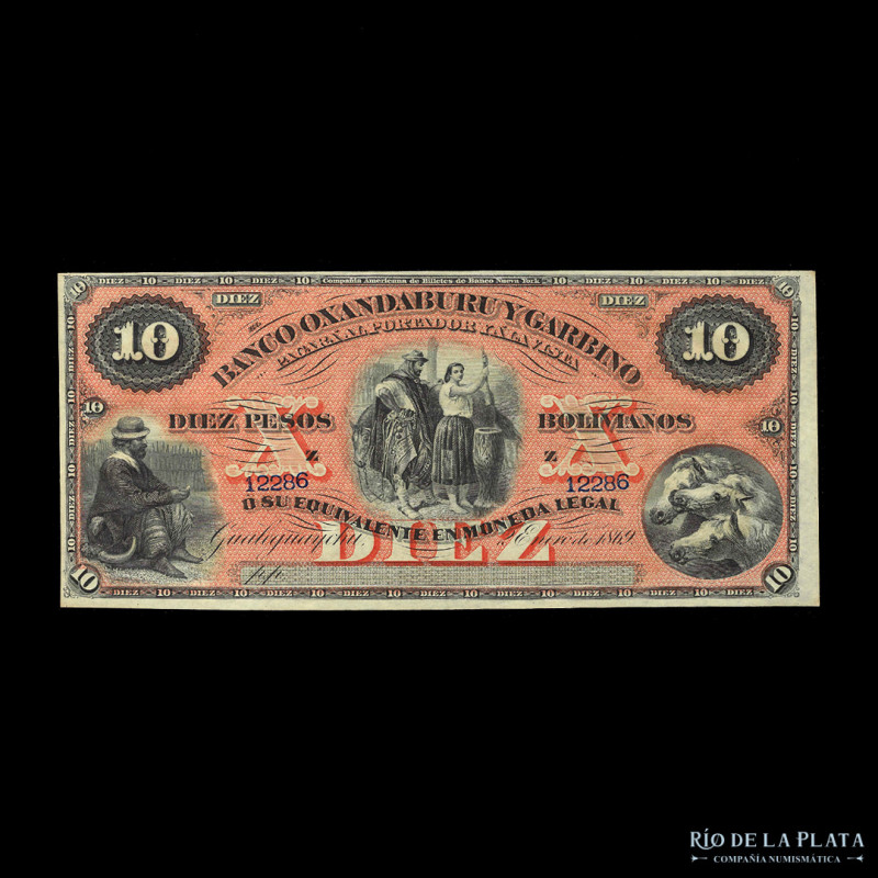 Argentina. Entre Ríos. Banco Oxandaburu y Garbino. 10 Pesos Bolivianos 1869 Rema...