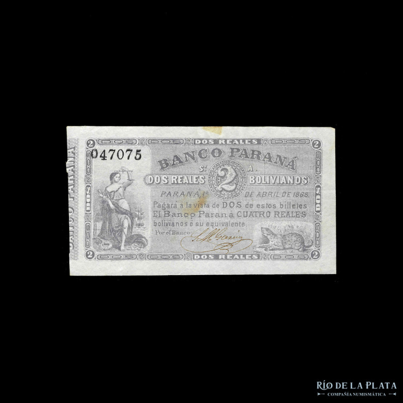 Argentina. Entre Ríos. El Banco Paraná. 2 Reales Bolivianos 1868 sin resello. Fi...